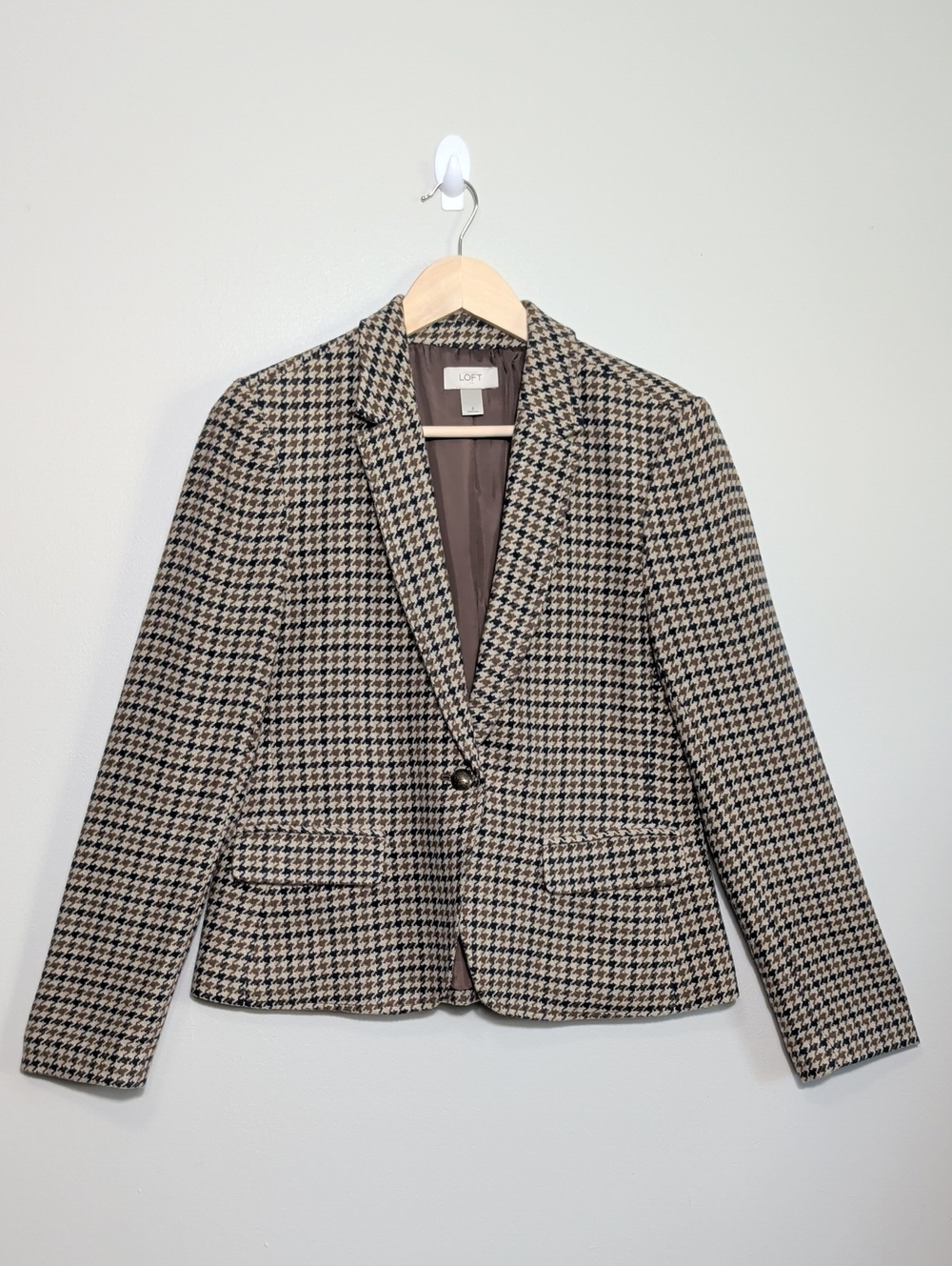 LOFT Navy Brown & Tan Houndstooth Blazer Single Button Women's 8 Dark Academia